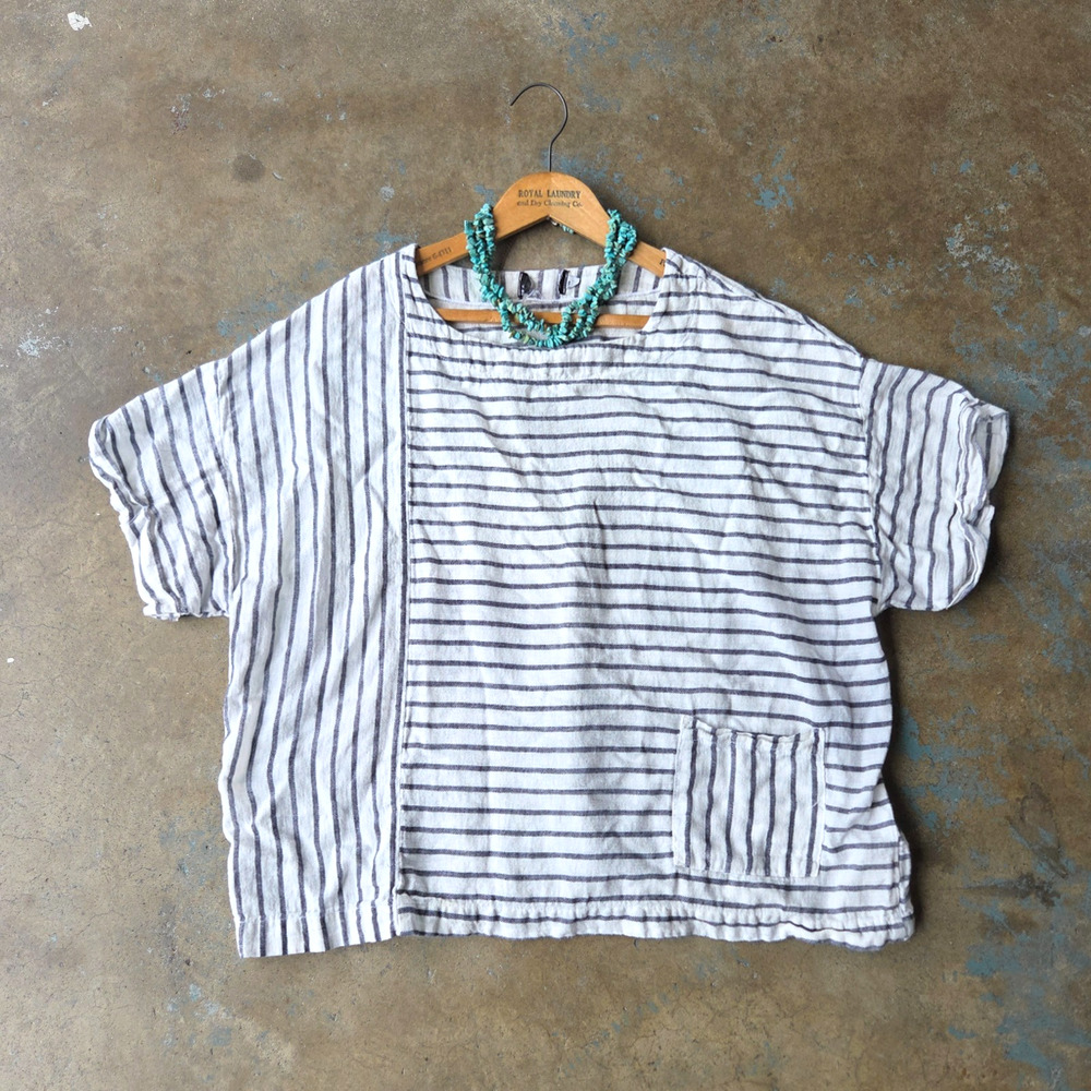 Women's Linen Blend Boxy Fit Striped Top Size XL White Lagenlook Coastal